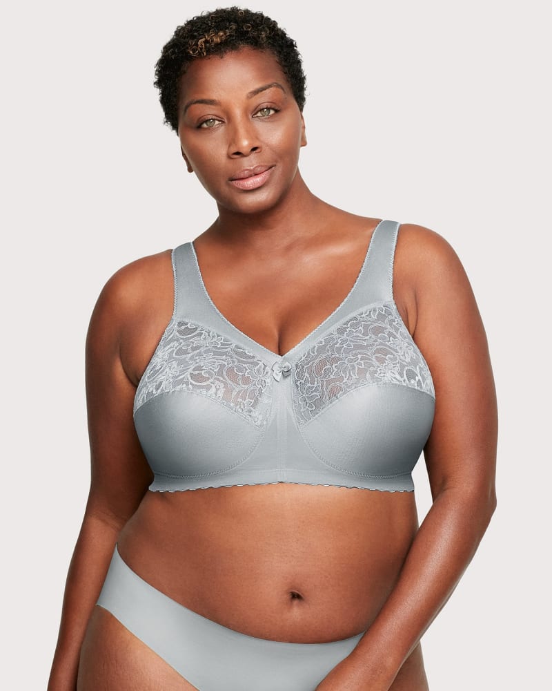 Front of a model wearing a size 42G MagicLift Original Support Bra in Soft Gray by Glamorise. | dia_product_style_image_id:263226